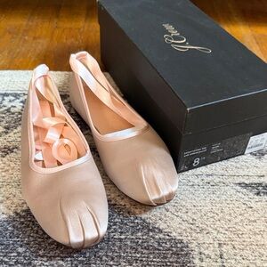 Women’s J. Crew Satin Pleat Toe Ballet Flats with Ribbon Ties in Pale Petal 8.5